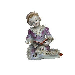 Vintage Porcelain Lady Reading Book Lavender & Gold Hand-Painted Victorian Style